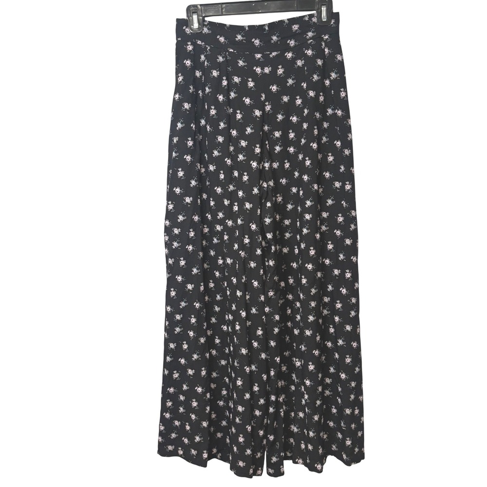 Abound Wide Leg Pants Women XS Black Floral Boho Flowy Beachy Elastic Waist Slit
